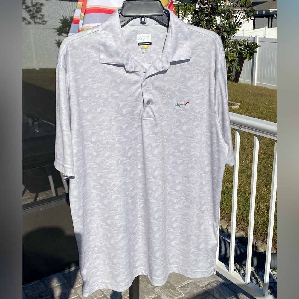 Men’s Greg Norman Play Dry Golf Polo - Gray and White Clouds - Large
